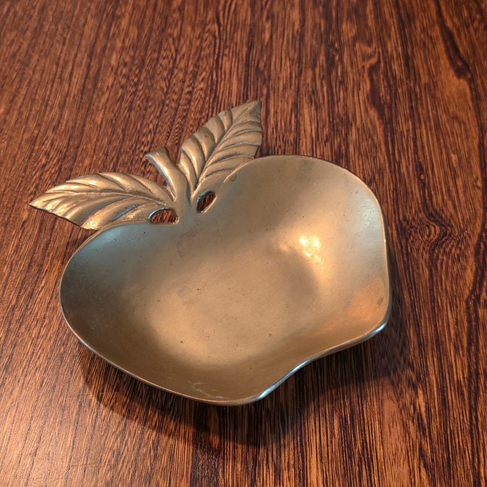 Vintage Solid Brass Apple Trinket Dish Mid Century Modern Catchall Bowl Gold 5in